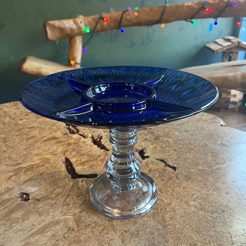 Elegant Blue Glass candy or dip tray/Stand
